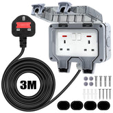 Electrical outlet kit with cable, screws, and seals on a white background